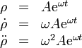 
\begin{array}{rcl}
\rho & = & A\mathrm{e}^{\omega t}\\
\dot{\rho} & = & \omega A\mathrm{e}^{\omega t}\\
\ddot{\rho} & = & \omega^2 A\mathrm{e}^{\omega t}
\end{array}
