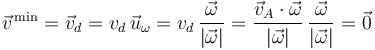 \vec{v}^{\,\mathrm{min}}=\vec{v}_d=v_d\,\vec{u}_{\omega}=v_d\,\frac{\vec{\omega}}{|\vec{\omega}|}=\frac{\vec{v}_A\cdot\vec{\omega}}{|\vec{\omega}|}\,\frac{\vec{\omega}}{|\vec{\omega}|}=\vec{0}
