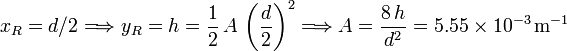 
x_R = d/2 \Longrightarrow y_R = h = \dfrac{1}{2}\,A\,\left(\dfrac{d}{2}\right)^2
\Longrightarrow
A = \dfrac{8\,h}{d^2} = 5.55\times10^{-3}\,\mathrm{m^{-1}}
