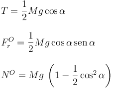 
\begin{array}{l}
T = \dfrac{1}{2}Mg\cos\alpha\\
\\
F_r^O = \dfrac{1}{2}Mg\cos\alpha\,\mathrm{sen}\,\alpha\\
\\
N^O = Mg\,\left(1-\dfrac{1}{2}\cos^2\alpha\right)
\end{array}
