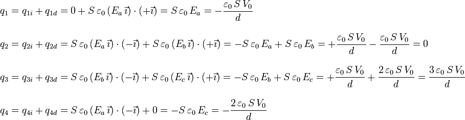 
\begin{array}{l}
q_1 = q_{1i} + q_{1d} = 0 + S\,\varepsilon_0\,(E_a\,\vec{\imath})\cdot(+\vec{\imath}) = S\,\varepsilon_0\,E_a 
= -\dfrac{\varepsilon_0\,S\,V_0}{d}
\\ \\
q_2 = q_{2i} + q_{2d} = S\,\varepsilon_0\,(E_a\,\vec{\imath})\cdot(-\vec{\imath}) + S\,\varepsilon_0\,(E_b\,\vec{\imath})\cdot(+\vec{\imath}) = -S\,\varepsilon_0\,E_a + S\,\varepsilon_0\,E_b
= +\dfrac{\varepsilon_0\,S\,V_0}{d} - \dfrac{\varepsilon_0\,S\,V_0}{d} = 0
\\ \\
q_3 = q_{3i} + q_{3d} = S\,\varepsilon_0\,(E_b\,\vec{\imath})\cdot(-\vec{\imath}) + S\,\varepsilon_0\,(E_c\,\vec{\imath})\cdot(+\vec{\imath}) = -S\,\varepsilon_0\,E_b + S\,\varepsilon_0\,E_c
= +\dfrac{\varepsilon_0\,S\,V_0}{d} + \dfrac{2\,\varepsilon_0\,S\,V_0}{d} = \dfrac{3\,\varepsilon_0\,S\,V_0}{d}
\\ \\
q_4 = q_{4i} + q_{4d} = S\,\varepsilon_0\,(E_a\,\vec{\imath})\cdot(-\vec{\imath}) + 0 = -S\,\varepsilon_0\,E_c = 
-\dfrac{2\,\varepsilon_0\,S\,V_0}{d}
\end{array}
