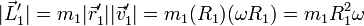 |\vec{L}'_1| = m_1|\vec{r}'_1||\vec{v}'_1| = m_1(R_1)(\omega R_1) = m_1R_1^2\omega