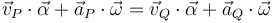 
\vec{v}_{P}\cdot\vec{\alpha}+\vec{a}_{P}\cdot\vec{\omega}=\vec{v}_{Q}\cdot\vec{\alpha}+\vec{a}_{Q}\cdot\vec{\omega}
