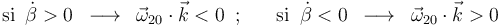 \mathrm{si}\,\,\,\dot{\beta}>0\,\,\,\longrightarrow\,\,\,\vec{\omega}_{20}\cdot\vec{k}<0 \,\,\,;\,\,\,\,\,\,\,\,\,\,
\mathrm{si}\,\,\,\dot{\beta}<0\,\,\,\longrightarrow\,\,\,\vec{\omega}_{20}\cdot\vec{k}>0