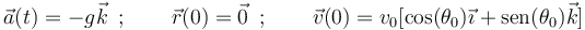 
\vec{a}(t)=-g\vec{k}\,\,\,;\,\,\,\,\,\,\,\,\,\,\,\,\vec{r}(0)=\vec{0}\,\,\,;
\,\,\,\,\,\,\,\,\,\,\,\,\vec{v}(0)=v_{0}[\mathrm{cos}(\theta_0)\vec{\imath}+
\mathrm{sen}(\theta_0)\vec{k}]
