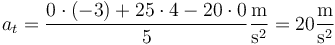 a_t = \frac{0\cdot(-3)+25\cdot 4-20\cdot 0}{5}\frac{\mathrm{m}}{\mathrm{s}^2}=20\frac{\mathrm{m}}{\mathrm{s}^2}