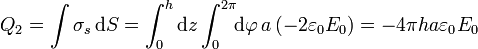 Q_2 = \int\sigma_s\,\mathrm{d}S=\int_0^h\mathrm{d}z\int_0^{2\pi}\!\!\mathrm{d}\varphi\,a\,(-2\varepsilon_0E_0)=-4\pi ha\varepsilon_0E_0