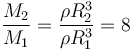 \frac{M_2}{M_1}=\frac{\rho R_2^3}{\rho R_1^3}=8