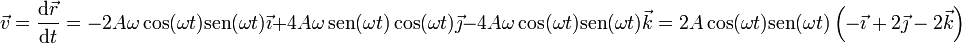 \vec{v}=\frac{\mathrm{d}\vec{r}}{\mathrm{d}t}=-2A\omega\cos(\omega t)\mathrm{sen}(\omega t)\vec{\imath}+4A\omega\,\mathrm{sen}(\omega t)\cos(\omega t)\vec{\jmath}-4A\omega\cos(\omega t)\mathrm{sen}(\omega t)\vec{k}=2A\cos(\omega t)\mathrm{sen}(\omega t)\left(-\vec{\imath}+2\vec{\jmath}-2\vec{k}\right)