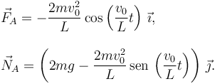 \begin{array}{l}
\vec{F}_A = -\dfrac{2mv_0^2}{L}\cos\left(\dfrac{v_0}{L}t\right)\,\vec{\imath},\\
\\
\vec{N}_A = \left(2mg - \dfrac{2mv_0^2}{L}\,\mathrm{sen}\,\left(\dfrac{v_0}{L}t\right)\right)\,\vec{\jmath}.
\end{array}
