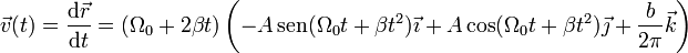 \vec{v}(t)=\frac{\mathrm{d}\vec{r}}{\mathrm{d}t}=\left(\Omega_0+2\beta t\right)\left(-A\,\mathrm{sen}(\Omega_0 t + \beta t^2)\vec{\imath}+A\cos(\Omega_0 t + \beta t^2)\vec{\jmath}+\frac{b}{2\pi}\vec{k}\right)