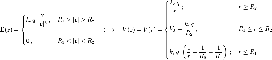 \mathbf{E}(\mathbf{r})=\begin{cases}\displaystyle k_e\!\ q\ \frac{\mathbf{r}}{|\mathbf{r}|^3}\,\mathrm{,}\, & R_1>|\mathbf{r}|>R_2\\ \\ \mathbf{0}\,\mathrm{,} & R_1<|\mathbf{r}|<R_2\end{cases}\quad\longleftrightarrow\quad V(\mathbf{r})=V(r)=\begin{cases}\displaystyle  \frac{k_e\!\ q}{r}\,\mathrm{;}\, & r\geq R_2\\ \\ \displaystyle V_0=\frac{k_e\!\ q}{R_2}\,\mathrm{;}\, & R_1\leq r\leq R_2\\ \\ \displaystyle  k_e\!\ q\ \left(\frac{1}{r}+\frac{1}{R_2}-\frac{1}{R_1}\right)\,\mathrm{;}\, & r\leq R_1\end{cases}
