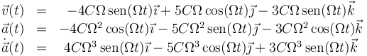 \begin{array}{rlc}
\vec{v}(t) & = & -4C\Omega\,\mathrm{sen}(\Omega t)\vec{\imath}+ 5C\Omega\,\mathrm{cos}(\Omega t)\vec{\jmath}-3C\Omega\,\mathrm{sen}(\Omega t)\vec{k}\\ 
\vec{a}(t)& = & -4C\Omega^2\,\mathrm{cos}(\Omega t)\vec{\imath}- 5C\Omega^2\,\mathrm{sen}(\Omega t)\vec{\jmath}-3C\Omega^2\,\mathrm{cos}(\Omega t)\vec{k}\\
\dot{\vec{a}}(t) & = & 4C\Omega^3\,\mathrm{sen}(\Omega t)\vec{\imath}- 5C\Omega^3\,\mathrm{cos}(\Omega t)\vec{\jmath}+3C\Omega^3\,\mathrm{sen}(\Omega t)\vec{k}\end{array}
