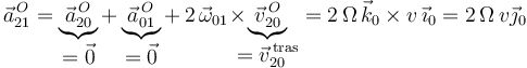 
\vec{a}^{\, O}_{21}=\underbrace{\vec{a}^{\, O}_{20}}_{\displaystyle =\vec{0}}+\underbrace{\vec{a}^{\, O}_{01}}_{\displaystyle =\vec{0}}+\,2\,\vec{\omega}_{01}\!\times\!\!\!\!\underbrace{\vec{v}^{\, O}_{20}}_{\displaystyle =\vec{v}^{\, \mathrm{tras}}_{20}}=2\,\Omega\,\vec{k}_0\times v\,\vec{\imath}_0=2\,\Omega\, v\vec{\jmath}_0
