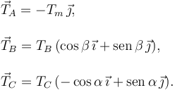 
\begin{array}{l}
\vec{T}_A = -T_m\,\vec{\jmath},\\
\\
\vec{T}_B = T_B\,(\cos\beta\,\vec{\imath} + \mathrm{sen}\,\beta\,\vec{\jmath}),\\
\\
\vec{T}_C = T_C\,(-\cos\alpha\,\vec{\imath} + \mathrm{sen}\,\alpha\,\vec{\jmath}).
\end{array}
