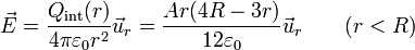 \vec{E}=\frac{Q_\mathrm{int}(r)}{4\pi\varepsilon_0 r^2}\vec{u}_r = \frac{A r(4R-3r)}{12\varepsilon_0}\vec{u}_r\qquad (r < R)