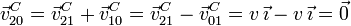 \vec{v}^C_{20} = \vec{v}^C_{21} + \vec{v}^C_{10} = \vec{v}^C_{21} - \vec{v}^C_{01} = v\,\vec{\imath}-v\,\vec{\imath}=\vec{0}