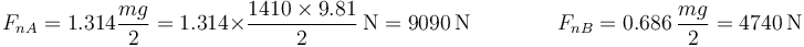 F_{nA}=1.314 \frac{mg}{2}= 1.314\times\frac{1410\times 9.81}{2}\,\mathrm{N}=9090\,\mathrm{N}\qquad\qquad F_{nB}= 0.686\,\frac{mg}{2}=4740\,\mathrm{N}