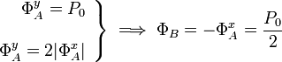 \left.\begin{array}{r}\displaystyle \Phi_A^y=P_0\\ \\
\displaystyle \Phi_A^y=2|\Phi_A^x|\end{array}\right\}\;\Longrightarrow\;\Phi_B=-\Phi_A^x=\frac{P_0}{2}