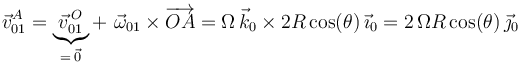 
\vec{v}^{A}_{01}=\underbrace{\vec{v}^{\, O}_{01}}_{=\,\vec{0}}+\,\,\vec{\omega}_{01}\times
\overrightarrow{OA}=\Omega\,\vec{k}_0\times 2R\,\mathrm{cos}(\theta)\,\vec{\imath}_0=
2\,\Omega R\,\mathrm{cos}(\theta)\,\vec{\jmath}_0
