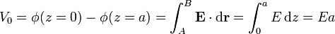 V_0 = \phi(z=0) -\phi(z=a) = \int_A^B \mathbf{E}\cdot\mathrm{d}\mathbf{r}=\int_0^a E\,\mathrm{d}z = Ea