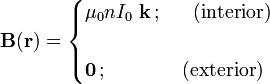 \mathbf{B}(\mathbf{r})=\begin{cases}\displaystyle \mu_0n I_0\ \mathbf{k}\,\mathrm{;}\,&\;\;\mathrm{(interior)}\\ \\
\displaystyle \mathbf{0}\,\mathrm{;}\,&\mathrm{(exterior)}\end{cases}