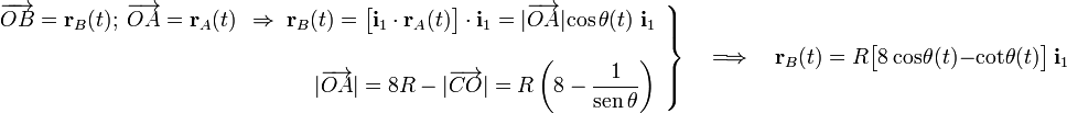 \left.\begin{array}{r}\overrightarrow{OB}=\mathbf{r}_B(t)\mathrm{;}\;\, \overrightarrow{OA}=\mathbf{r}_A(t)\;\,\Rightarrow\;\mathbf{r}_B(t)=\big[\mathbf{i}_1\cdot\mathbf{r}_A(t)\big]\cdot\mathbf{i}_1= |\overrightarrow{OA}|\mathrm{cos}\!\ \theta(t)\ \mathbf{i}_1
\\ \\ \displaystyle |\overrightarrow{OA}|=8R-|\overrightarrow{CO}|=R\left(8-\frac{1}{\mathrm{sen}\!\ \theta}\right)\end{array}\right\}\quad\Longrightarrow\quad
\mathbf{r}_B(t)=R\big[8\ \mathrm{cos}\!\ \theta(t)-\mathrm{cot}\!\ \theta(t)\big]\ \mathbf{i}_1