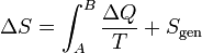 \Delta S = \int_A^B \frac{\Delta Q}{T}+S_\mathrm{gen}