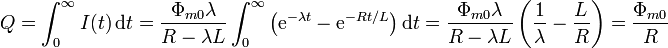 Q=\int_0^\infty I(t)\,\mathrm{d}t = \frac{\Phi_{m0}\lambda }{R-\lambda L}\int_0^\infty \left(\mathrm{e}^{-\lambda t}-\mathrm{e}^{-Rt/L}\right)\mathrm{d}t = \frac{\Phi_{m0}\lambda }{R-\lambda L}\left(\frac{1}{\lambda}-\frac{L}{R}\right) = \frac{\Phi_{m0}}{R} 