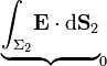 \mathop{\underbrace{\int_{\Sigma_2}\!\mathbf{E}\cdot\mathrm{d}\mathbf{S}_2}}_{0}