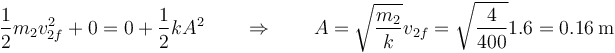 \frac{1}{2}m_2 v_{2f}^2 + 0 = 0 + \frac{1}{2}k A^2 \qquad\Rightarrow\qquad A= \sqrt{\frac{m_2}{k}}v_{2f}=\sqrt{\frac{4}{400}}1.6=0.16\,\mathrm{m}