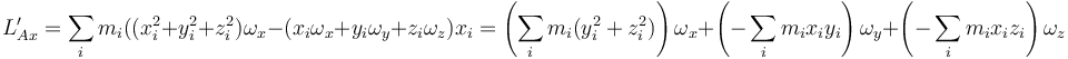 L'_{Ax}=\sum_i m_i((x_i^2+y_i^2+z_i^2)\omega_x-(x_i\omega_x+y_i\omega_y+z_i\omega_z)x_i=
\left(\sum_i m_i(y_i^2+z_i^2)\right)\omega_x +\left(-\sum_im_ix_iy_i\right)\omega_y+\left(-\sum_im_ix_iz_i\right)\omega_z