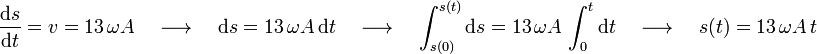 \frac{\mathrm{d}s}{\mathrm{d}t}=v=13\,\omega A\,\,\,\,\,\,\longrightarrow\,\,\,\,\,\, \mathrm{d}s=13\,\omega A\,\mathrm{d}t\,\,\,\,\,\,\longrightarrow\,\,\,\,\,\,\int_{s(0)}^{s(t)}\mathrm{d}s=13\,\omega A\,\int_{0}^{t}\mathrm{d}t\,\,\,\,\,\,\longrightarrow\,\,\,\,\,\, s(t)=13\,\omega A\, t