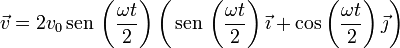 \vec{v}=2v_0\,\mathrm{sen}\,\left(\frac{\omega t}{2}\right)\left(\,\mathrm{sen}\,\left(\frac{\omega t}{2}\right)\vec{\imath}+\cos\left(\frac{\omega t}{2}\right)\vec{\jmath}\right)