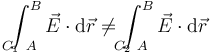 \int_{\!\!\!\!\!\!\!\!C_1\ A}^B\vec{E}\cdot\mathrm{d}\vec{r}\neq \int_{\!\!\!\!\!\!\!\!C_2\ A}^B\vec{E}\cdot\mathrm{d}\vec{r}