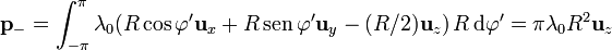 \mathbf{p}_-=\int_{-\pi}^\pi \lambda_0(R\cos\varphi'\mathbf{u}_x+R\,\mathrm{sen}\,\varphi'\mathbf{u}_y-(R/2)\mathbf{u}_z)\,R\,\mathrm{d}\varphi'=\pi\lambda_0R^2\mathbf{u}_z