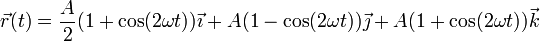 \vec{r}(t)= \frac{A}{2}(1+\cos(2\omega t))\vec{\imath}+A(1-\cos(2\omega t))\vec{\jmath}+A(1+\cos(2\omega t))\vec{k}