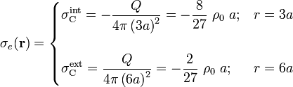 \sigma_e(\mathbf{r})=\begin{cases}\displaystyle \sigma_\mathrm{C}^\mathrm{int}=-\frac{Q}{4\pi\left(3a\right)^2}=-\frac{8}{27}\ \rho_0\ a\mathrm{;}& r=3a\\ \\ \displaystyle\sigma_\mathrm{C}^\mathrm{ext}=\frac{Q}{4\pi\left(6a\right)^2}=-\frac{2}{27}\ \rho_0\ a\mathrm{;}&r=6a
\end{cases}
