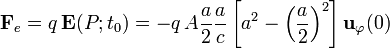 \mathbf{F}_e= q\, \mathbf{E}(P;t_0)=-q\,A\frac{a}{2}\frac{a}{c}\left[a^2-\left(\frac{a}{2}\right)^2\right]\mathbf{u}_\varphi(0)

