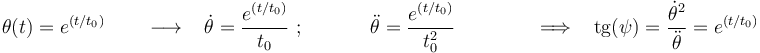 \theta(t)=e^{(t/t_0)}\,\,\,\,\,\,\,\,\,\,\,\,\longrightarrow\,\,\,\,\,\dot{\theta}=\frac{e^{(t/t_0)}}{t_0}\,\,;\qquad\,\,\,\,\,\,\,\,\ddot{\theta}=\frac{e^{(t/t_0)}}{t_0^2}\,\,\,\,\,\qquad\,\,\,\,\,\,\,\Longrightarrow\,\,\,\,\,\mathrm{tg}(\psi)=\frac{\dot{\theta}^2}{\ddot{\theta}}=e^{(t/t_0)}