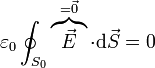 \varepsilon_0\oint_{S_0} \overbrace{\vec{E}}^{=\vec{0}}\cdot\mathrm{d}\vec{S}=0