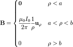 \mathbf{B}=\begin{cases}\mathbf{0} & \rho<a\\ & \\
\displaystyle \frac{\mu_0 I_0}{2\pi}\frac{1}{\rho}\mathbf{u}_{\varphi} & a<\rho<b \\ & \\
0 & \rho>b\end{cases}