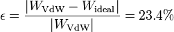 \epsilon = \frac{|W_\mathrm{VdW}-W_\mathrm{ideal}|}{|W_\mathrm{VdW}|} = 23.4\%