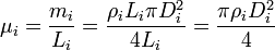 \mu_i = \frac{m_i}{L_i}=\frac{\rho_i L_i \pi D_i^2}{4L_i}=\frac{\pi \rho_iD_i^2}{4}