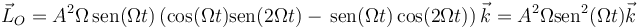 \vec{L}_O = A^2\Omega\,\mathrm{sen}(\Omega t)\left(\cos(\Omega t)\mathrm{sen}(2\Omega t)-\,\mathrm{sen}(\Omega t)\cos(2\Omega t)\right)\vec{k}=A^2\Omega\mathrm{sen}^2(\Omega t)\vec{k}
