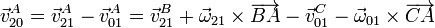\vec{v}^A_{20}=\vec{v}^A_{21}-\vec{v}^A_{01}=
\vec{v}^B_{21}+\vec{\omega}_{21}\times\overrightarrow{BA}
-\vec{v}^C_{01}-\vec{\omega}_{01}\times\overrightarrow{CA}