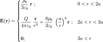 \mathbf{E}(\mathbf{r})=\begin{cases}\displaystyle \frac{\rho_0}{3\varepsilon_0}\ \mathbf{r}\ \mathrm{;}& 0<r<2a\\ \\ \displaystyle \frac{Q}{4\pi\varepsilon_0}\ \frac{\mathbf{r}}{r^3}=\frac{8\rho_0}{3\varepsilon_0}\ \left(\frac{a}{r}\right)^3 \mathbf{r}\ \mathrm{;}& 2a<r<3a\\ \\ \mathbf{0}\mathrm{;}& 3a<r\end{cases}