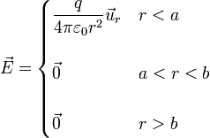 \vec{E}=\begin{cases}\displaystyle \frac{q}{4\pi\varepsilon_0 r^2}\vec{u}_r & r < a \\ & \\ \vec{0} & a < r < b \\ & \\ \vec{0} & r > b\end{cases}