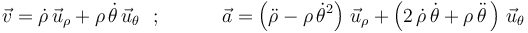 
\vec{v}=\dot{\rho}\,\vec{u}_{\rho}+\rho\,\dot{\theta}\,\vec{u}_{\theta}
\,\,\,\,;\,\,\,\,\,\,\,\,\,\,\,\,\,\,\,\,\,\,\vec{a}=\left(\ddot{\rho}-\rho\,\dot{\theta}^{2}\right)\,
\vec{u}_{\rho}+\left(2\,\dot{\rho}\,\dot{\theta}+\rho\,\ddot{\theta}\,\right)\,\vec{u}_{\theta}
