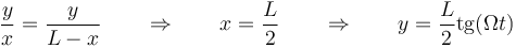 \frac{y}{x}=\frac{y}{L-x}\qquad \Rightarrow\qquad x = \frac{L}{2}\qquad\Rightarrow\qquad y = \frac{L}{2}\mathrm{tg}(\Omega t)